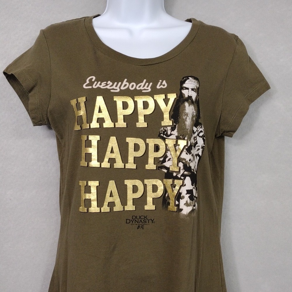 Duck Dynasty Women's Shirt L “Everybody Is Happy Happy Happy” Green Short Sleeve